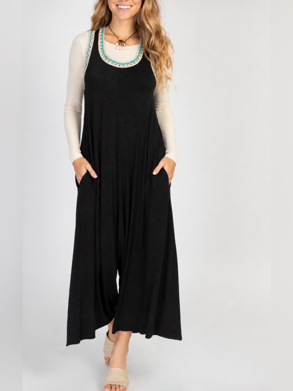 Natural Life Willow Jumpsuit Charcoal Crochet Trim Wide Leg Boho Minimalist Sz M